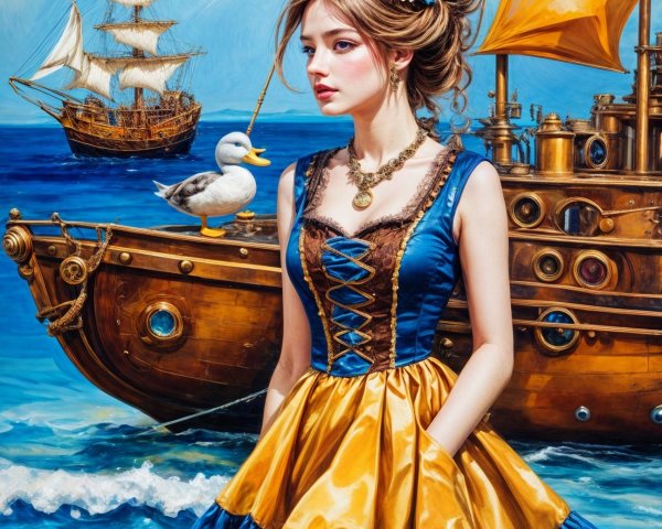 Young Woman in Blue Dress by Vibrant Seaside Scene