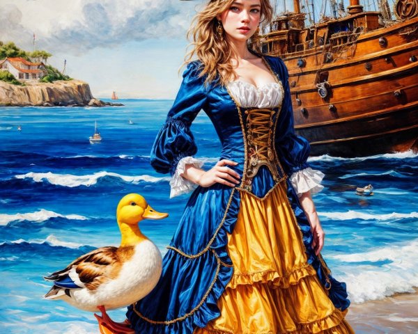 Whimsical Pirate Scene on Sandy Beach with Duck