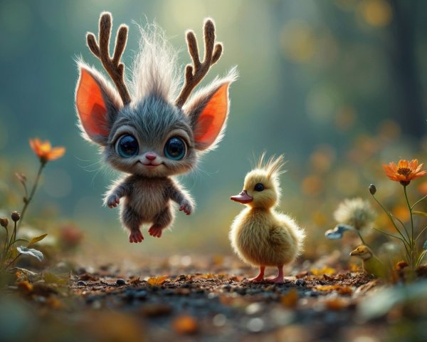 Whimsical Forest Scene with Fluffy Creature and Duckling