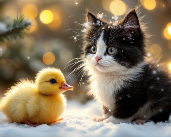 Kitten and Duckling in a Snowy Winter Scene