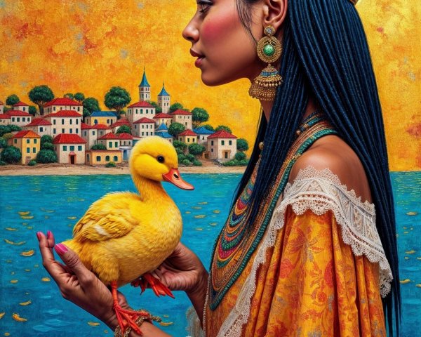 Woman with Duckling by a Colorful River Scene