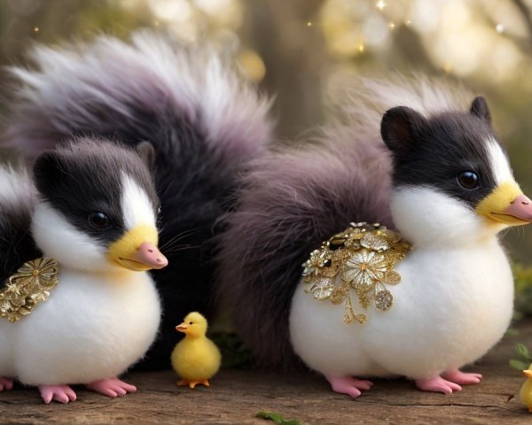 Fluffy Duck-Fox Creatures with Yellow Ducklings Outdoors
