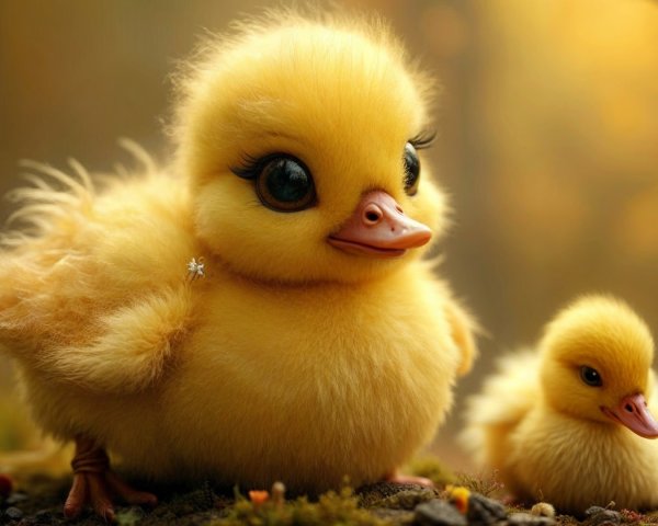 Fluffy Yellow Ducklings in a Sunlit Forest Setting