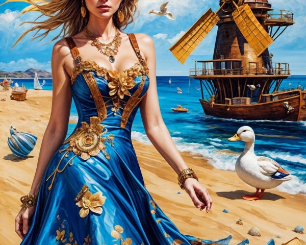 Woman in Floral Dress on Beach with Windmill and Ducks