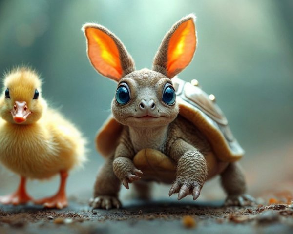 Whimsical Scene of Duckling and Turtle in Forest