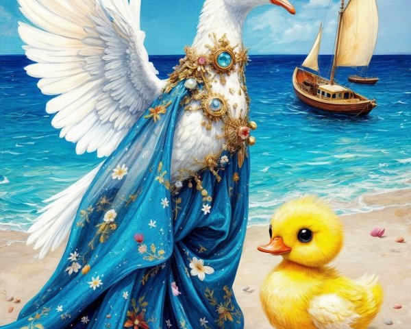 Whimsical Beach Scene with Swan and Duckling