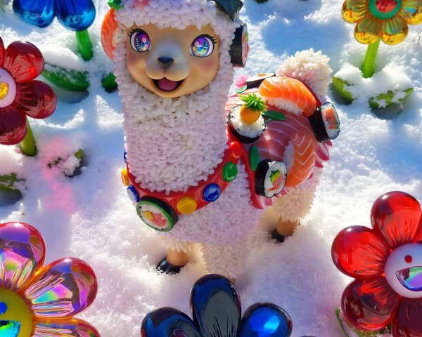 Baby Panda Llama Made of Rice Surrounded by Flowers