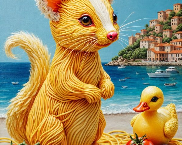 Whimsical Scene with Spaghetti Cat and Rubber Duck