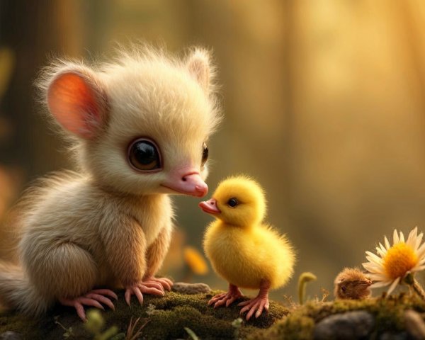 Fluffy Creature and Duckling in Sunlit Forest Setting