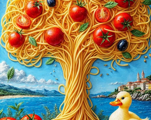Whimsical Landscape with Spaghetti Tree and Duck