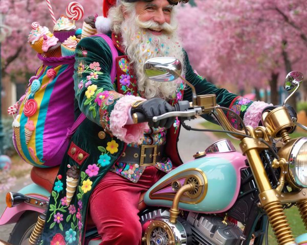 Steampunk Santa Claus Riding Motorcycle Under Cherry Blossoms