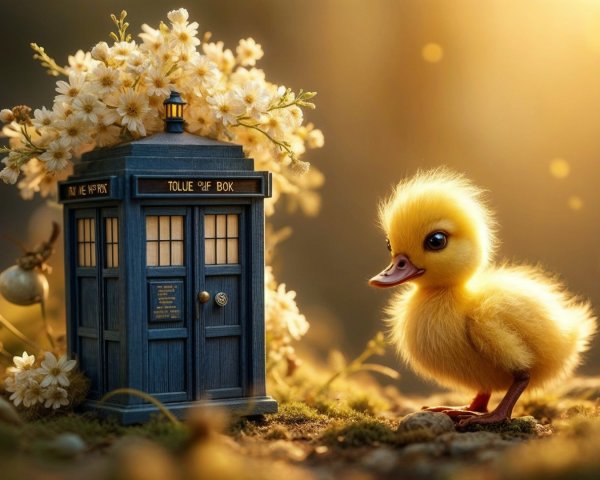 Fluffy Duckling Next to Blue Police Box in Nature