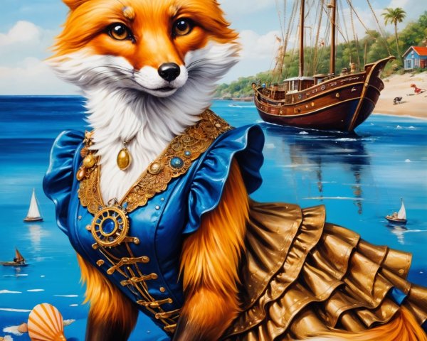 Whimsical fox in blue dress on a beach scene