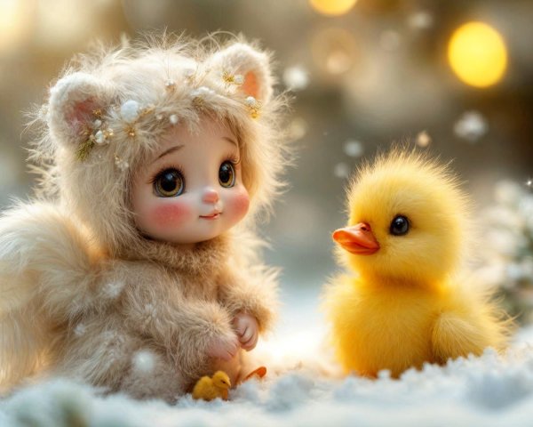 Whimsical Doll in Cat Costume with Duckling in Snow