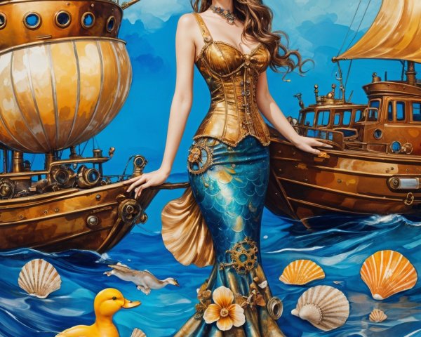 Steampunk Mermaid in Vibrant Blue Waters Scene