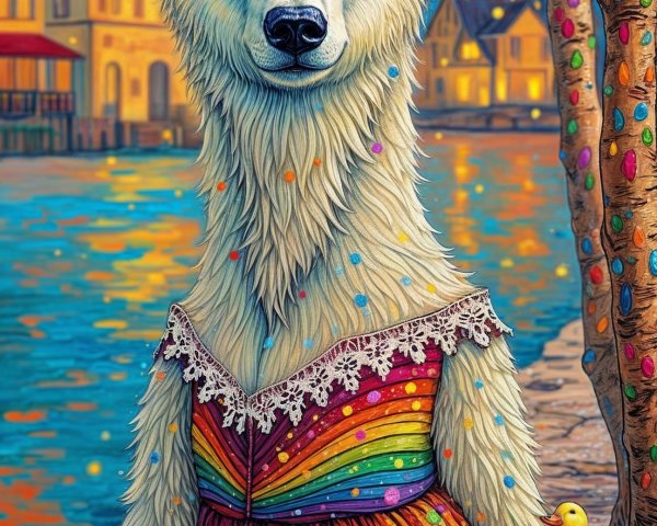 Whimsical Polar Bear in Colorful Dress by Waterfront