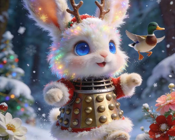 Fluffy White Rabbit in Snowy Forest with Christmas Decor