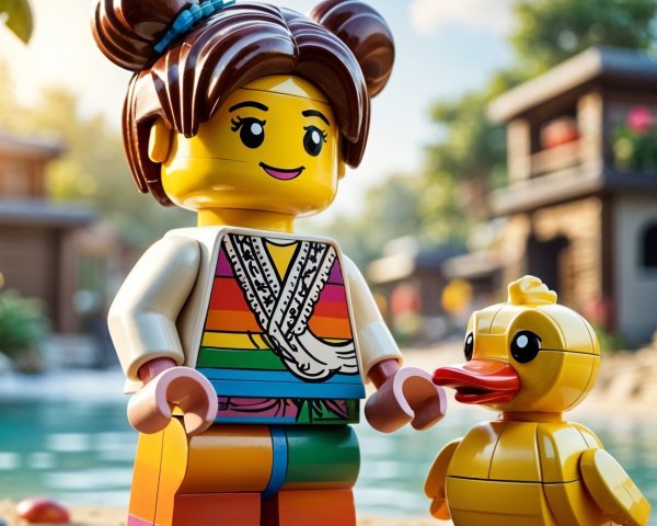 Colorful Lego Figure and Rubber Duck by Serene Pool