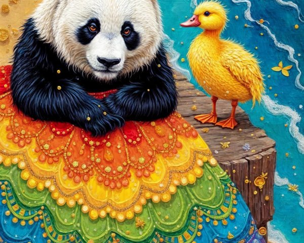 Panda in Rainbow Dress on Beach with Duckling and Butterflies