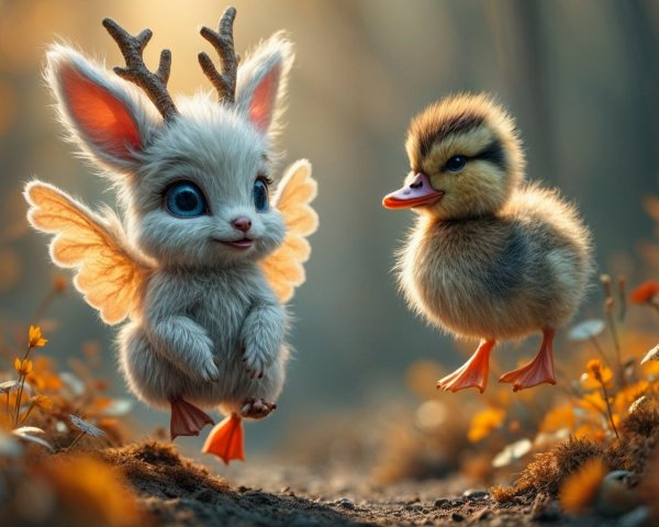 Whimsical Forest Scene with Fantasy Creatures