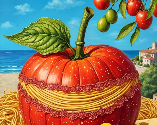 Whimsical Scene with Giant Red Apple and Beach Setting