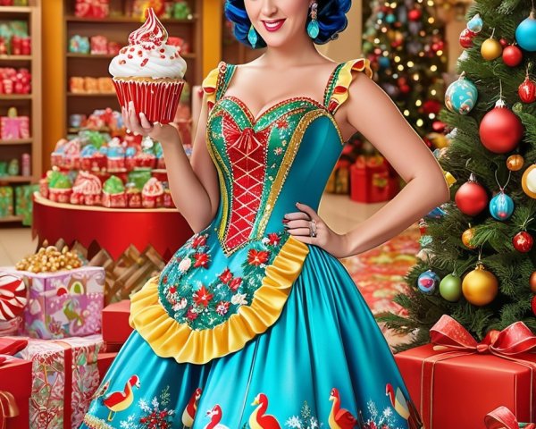 Festive Scene with Woman and Holiday Decorations