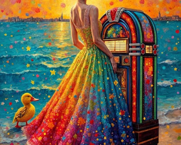 Colorful Dress and Jukebox at Sunset by the Shore