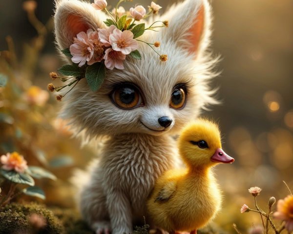 Fluffy White Fox and Duckling in Floral Setting