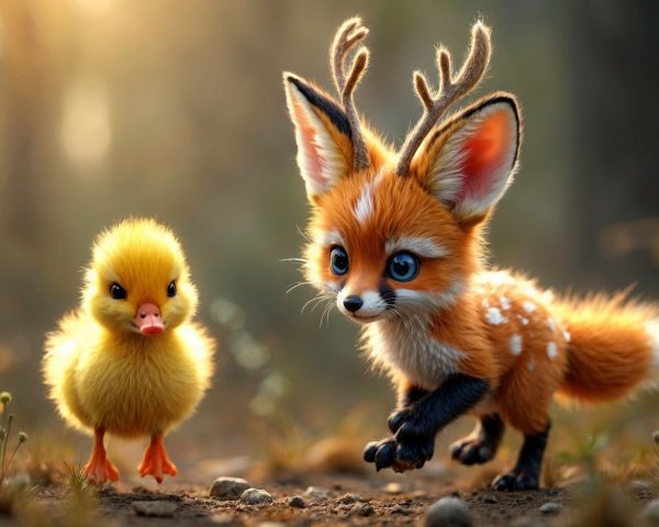Whimsical Forest Scene with Fox and Duckling