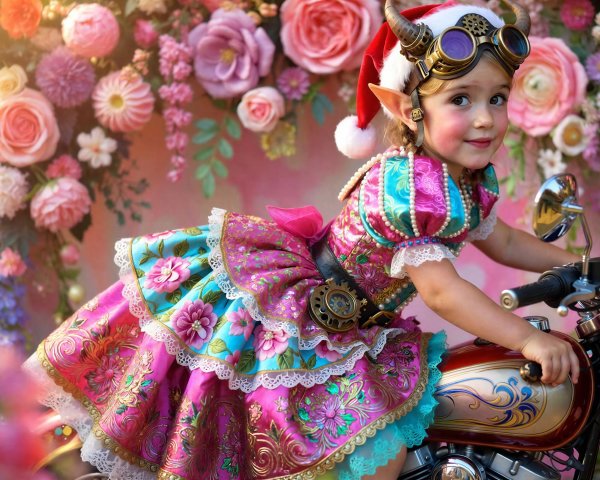 Vintage Motorcycle with a Young Girl in Colorful Dress