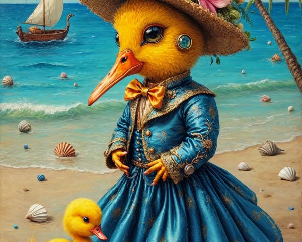 Whimsical Duck in Elegant Gown on Sandy Beach