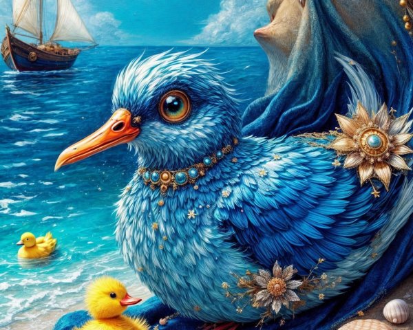 Majestic Blue Bird with Ornate Necklace on Beach