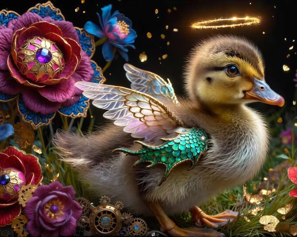 Fluffy Baby Duck with Iridescent Wings and Halo