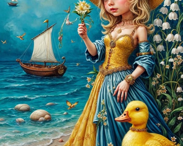 Whimsical Beach Scene with Girl and Duck