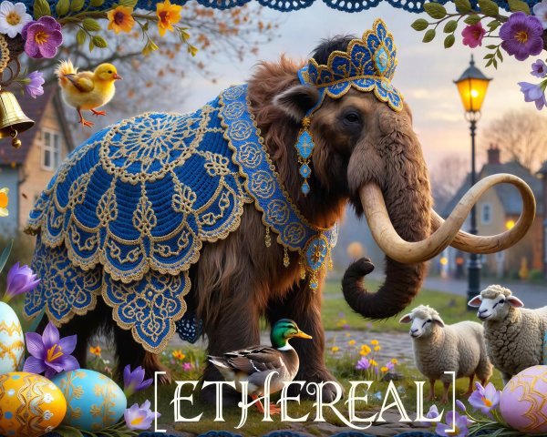 Woolly Mammoth in Crocheted Blanket with Village Scene