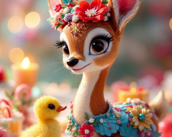Stylized deer and duckling in a whimsical setting