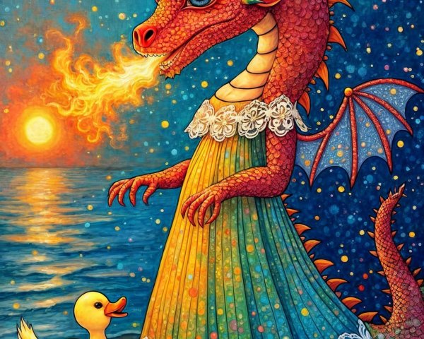 Colorful dragon in dress with duck at sunset scene