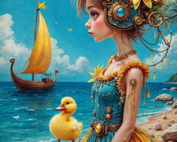 Whimsical Steampunk Scene with Girl and Duckling