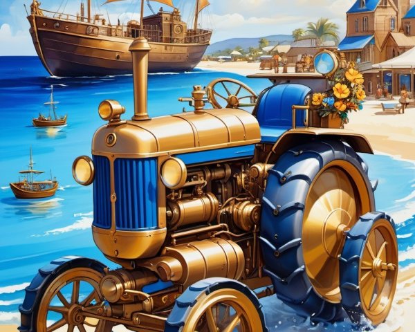 Ornate Golden Tractor Submerged in Turquoise Water