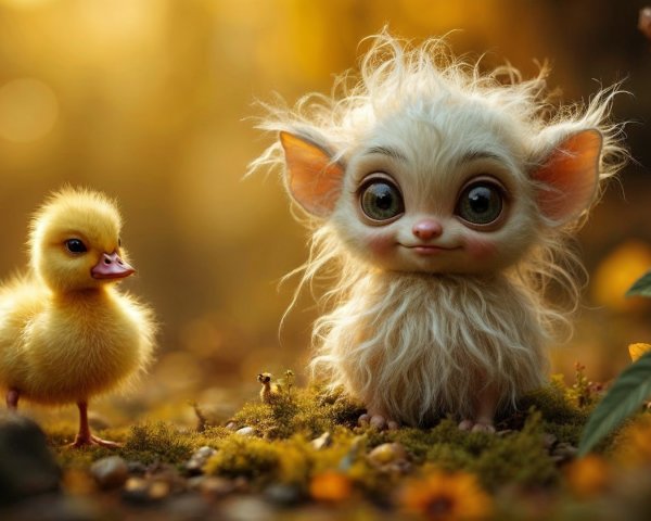 Fluffy Creature and Duckling in a Whimsical Forest