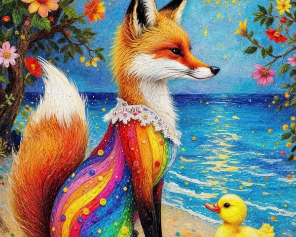Colorful fox and duckling by a sunny beach scene