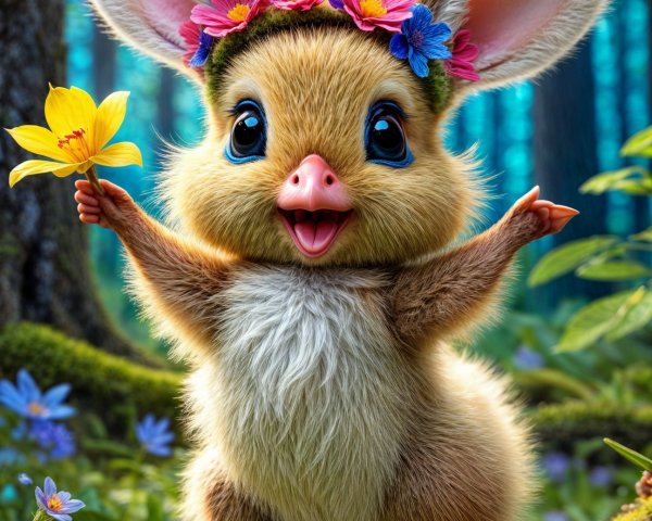 Fluffy Creature with Flower Crown in Vibrant Forest