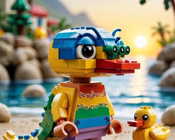 Colorful LEGO Creature on Beach at Sunset