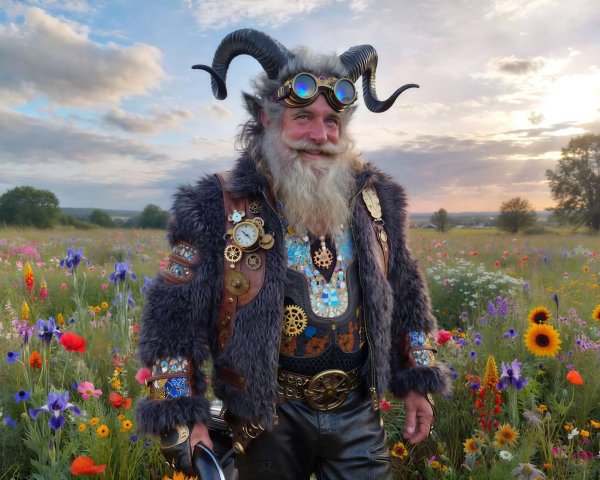 Steampunk Satyr in a Colorful Wildflower Field