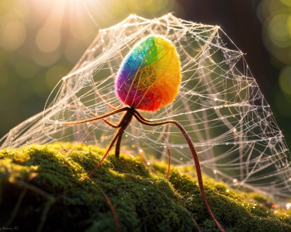 Whimsical Rainbow Creature on Moss with Spiderweb Canopy