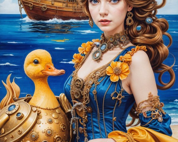 Woman in ornate dress with golden duck by seaside