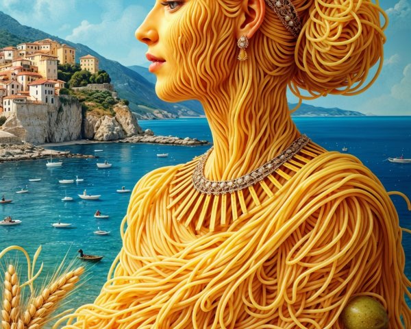 Golden Pasta Sculpture by the Seaside with Tomatoes