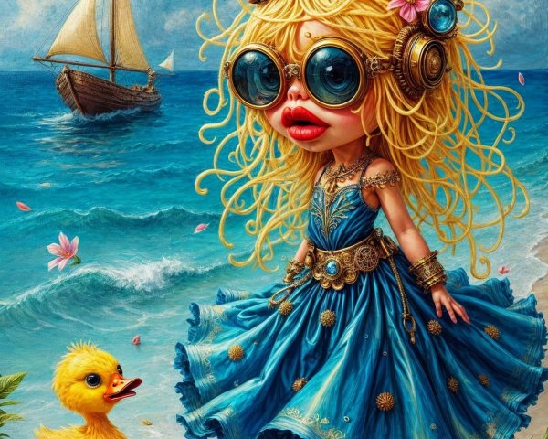 Whimsical Beach Scene with Child and Duckling