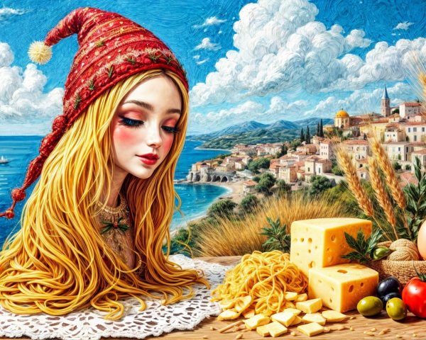 Serene Blonde Girl in Vibrant Seaside Village Scene