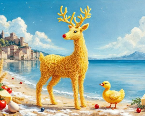 Whimsical Beach Scene with Spaghetti Deer and Duckling